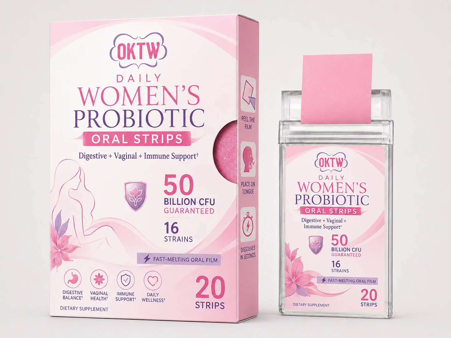 Women’s Probiotic Oral Dissolving Strips dietary supplement oral dissolving strips packaging concept